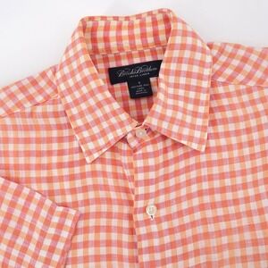 Brooks Brothers Irish Linen Gingham Short Sleeve Shirt Orange Mens Small